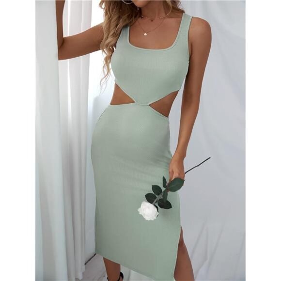 Women's Cut Out Waist Split Side Midi Bodycon Tank Dress, Sleeveless, High Waist - Picture 4 of 6